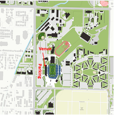 A map of the stadium and parking lot.